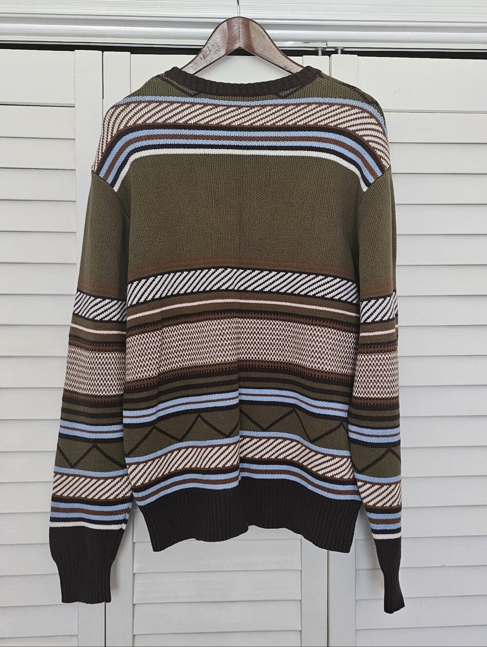 Staple Pigeon Macdougal Sweater Size L Olive Green Crew Neck Stripe Knit Mens - Picture 8 of 11